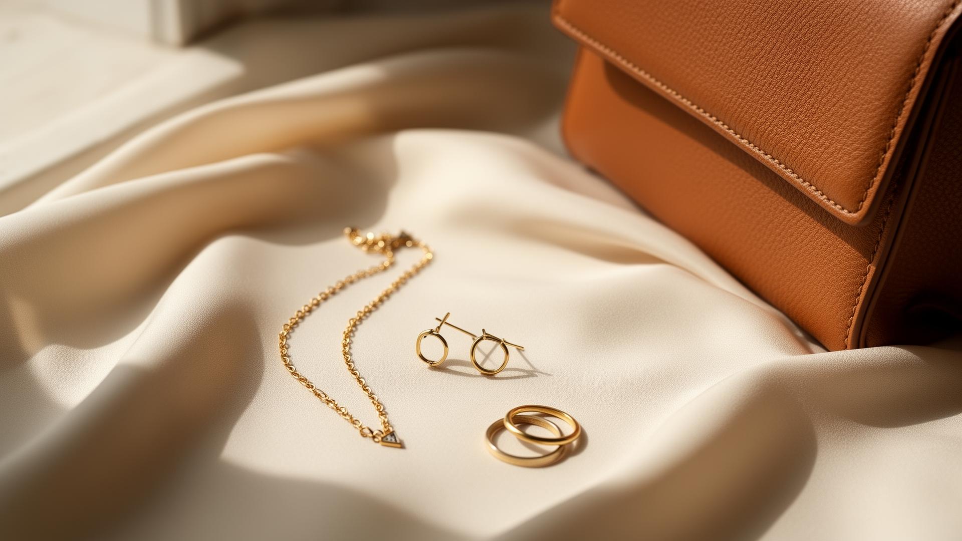 Sélection de bijoux dorés et sac en cuir Dorella Paris